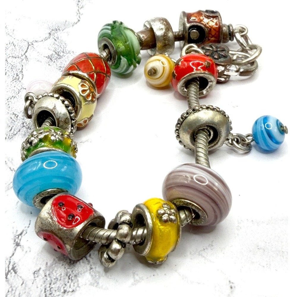 Colorful Charm Bead Bracelet Silver‎ Tone Heart Clasp 8 Inch European Style
